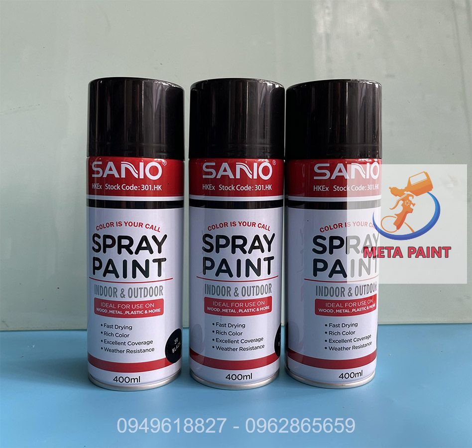 Sơn xịt SANO màu Đen Bóng chai 400ml phủ màu cao gốc nhựa sơn oto