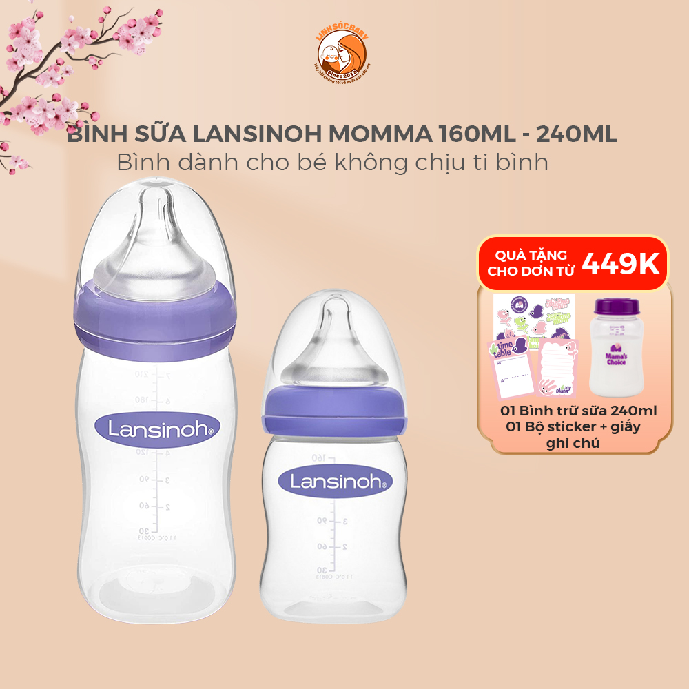 Bình sữa lansinoh momma 160ml - 240ml | hàng chính hãng, núm ti siêu mềm size s/m/f