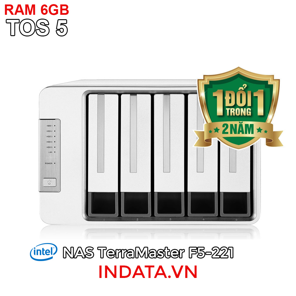 Ổ cứng mạng nas terramaster f5-221, intel dual-core cpu 2ghz, ram 6gb, dual lan 1gbps, 5 khay ổ cứng raid