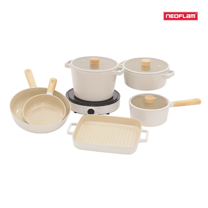 [HÀNG CHÍNH HÃNG] Bộ nồi chảo chống dính bếp từ Neoflam Fika 7 món. Hàn Quốc (màu trắng ngà)