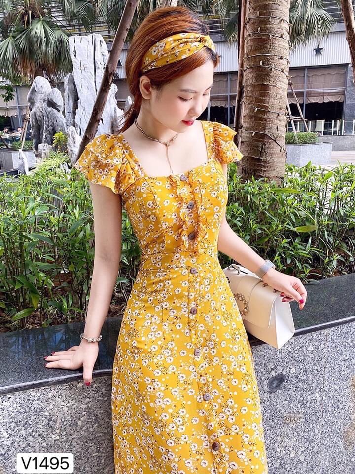 Đầm nữ dự tiệc cánh tiên cổ vuông phối nút trước kèm băng đô