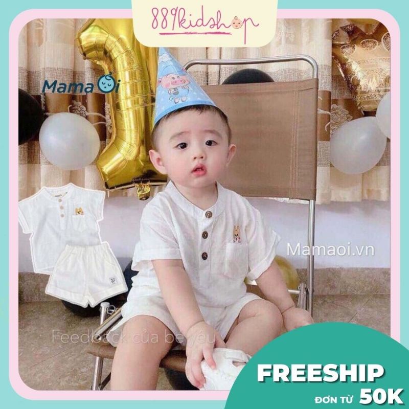 Set cộc tay cho bé, bộ đũi bé trai, set đũi trắng dáng cổ tàu chất đũi mát
