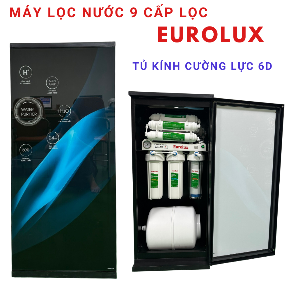 Máy lọc nước Eurolux 9 cấp lọc kèm vỏ tủ kính cường lực, máy lọc nước ro