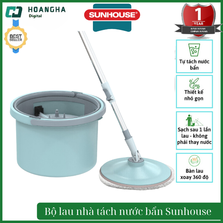 Bộ lau nhà tách nước bẩn thông minh Sunhouse KS-CL235PB, Bộ chổi lau nhà tự vắt kèm thùng, Chổi lau nhà thông minh, Chổi lau nhà tự vắt, Bộ chổi lau nhà tự vắt.