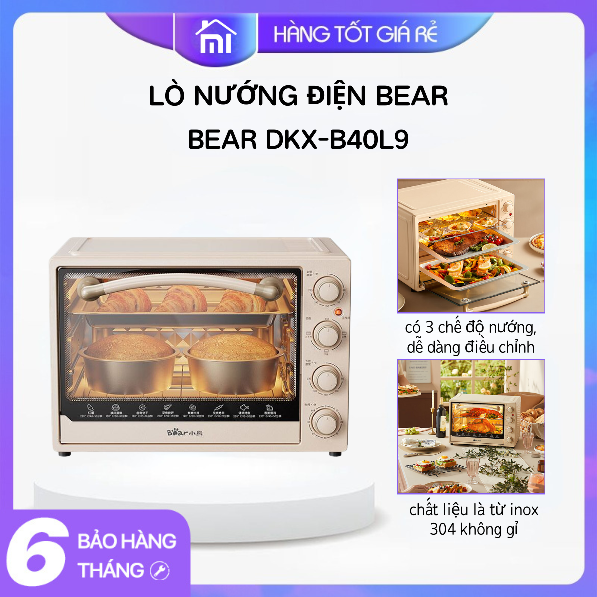 Lò nướng điện mini bear 40l dkx-b40l9 đa năng cao cấp- dùng cho gia đình, quán ăn, công suất 1650w, bảo hành 6 tháng - mijia