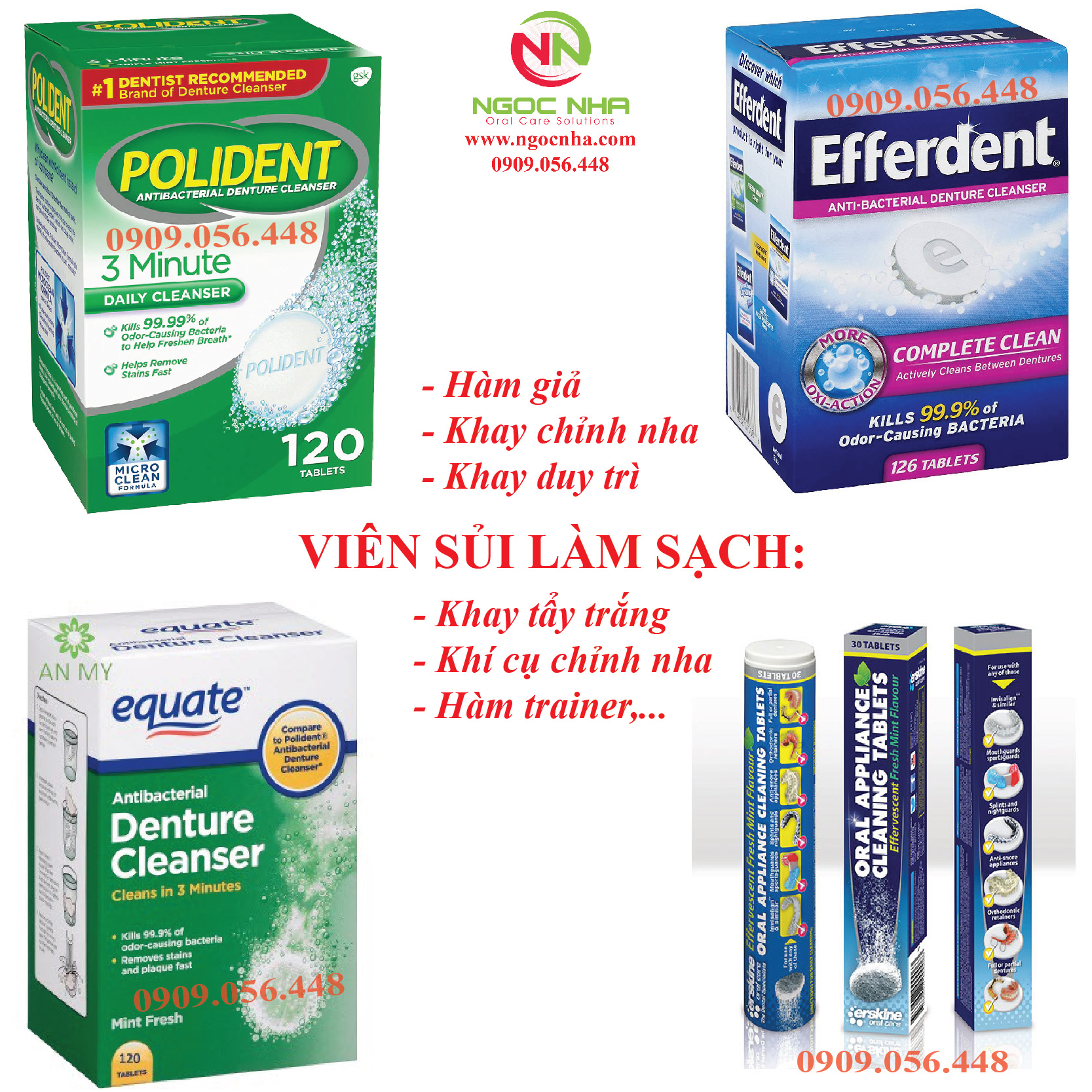 Viên sủi ngâm làm sạch và vệ sinh hàm giả răng giả hàm tháo lắp vệ sinh khay chỉnh nha Polident/ Aquate / Efferdent/ Pikster