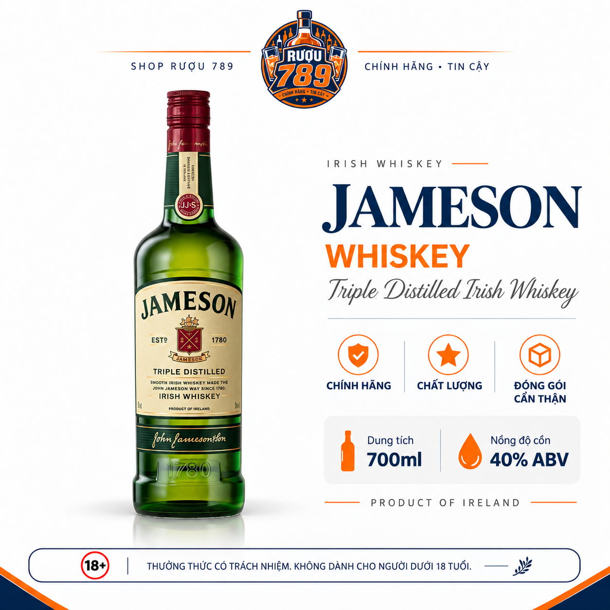 Rượu Whisky Jameson Irish Whiskey 700ml – 40% | Ireland | Chính hãng | Rượu 789