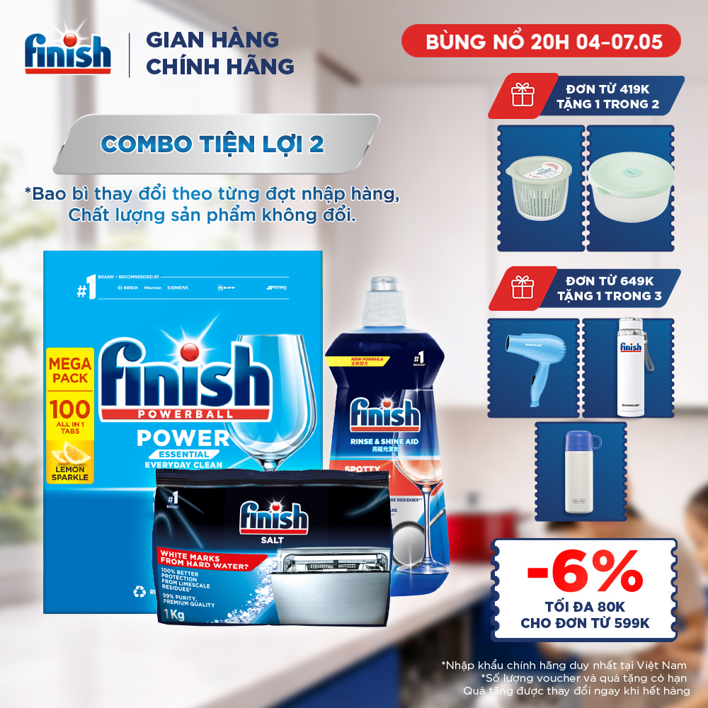Combo Finish tiện lợi 2: Hộp 100 Viên Rửa Bát Finish Essential + Nước Làm Bóng 500ml + Muối Rửa Chén