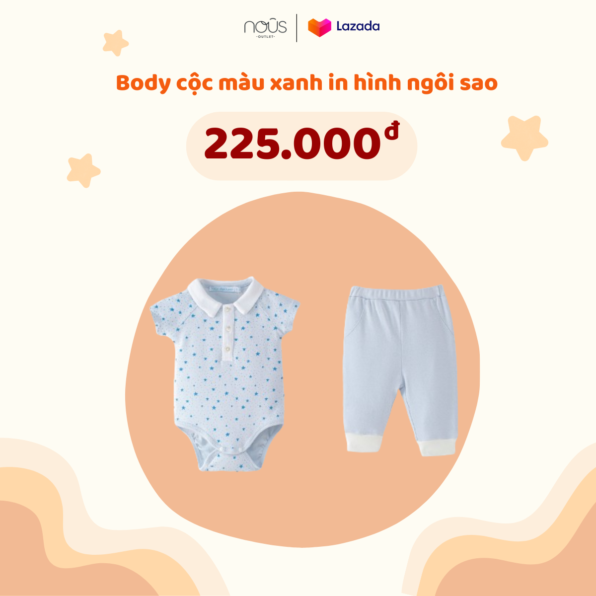 Bodysuit cho bé gái bé trai, bodysuit cho bé sơ sinh quần dài xanh họa tiết ngôi sao Nous Outlet 3-18 tháng