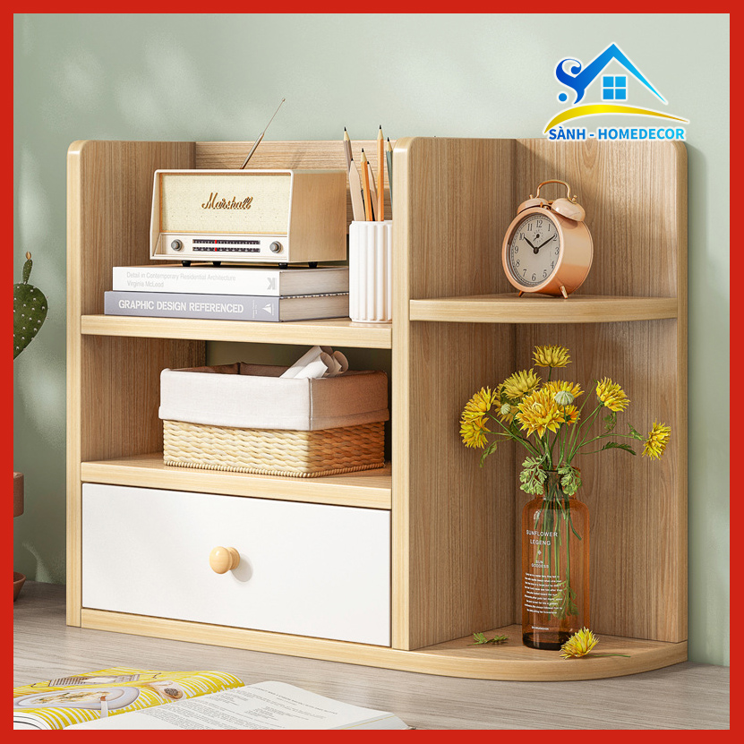 Kệ sách để bàn gỗ An Cường cao cấp, kệ sách kèm ngăn kéo đựng đồ KS01, kệ đựng mỹ phẩm đồ để bàn mini - Made by Sành