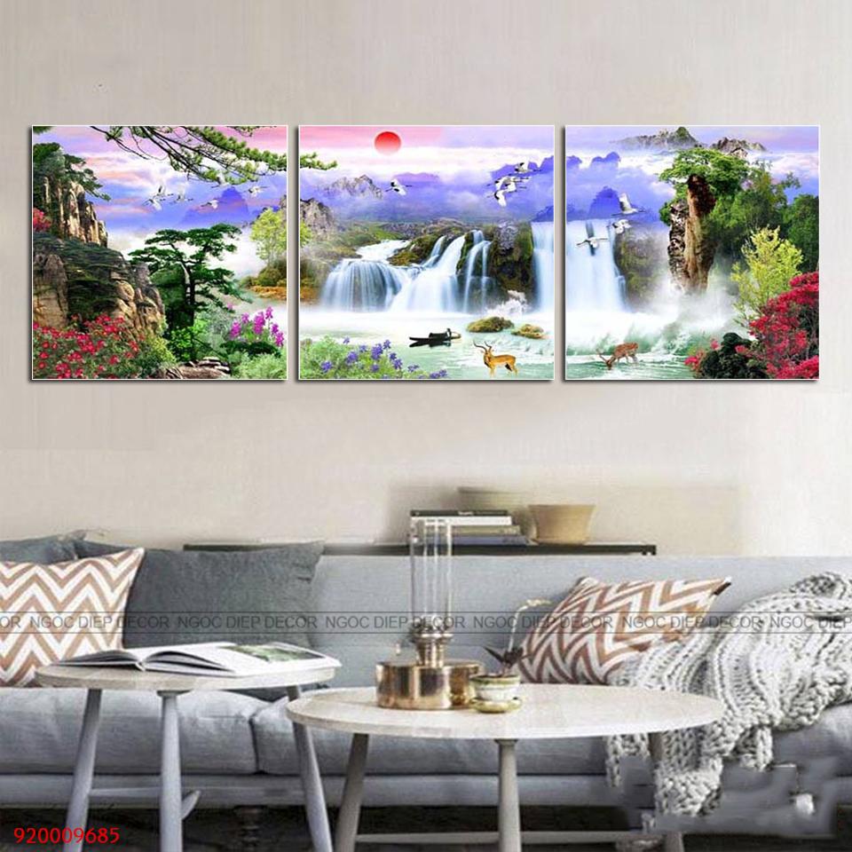 Khung Tranh dán Tường Sơn Thủy Hữu Tình 3D, tranh phong thủy tài lộc
