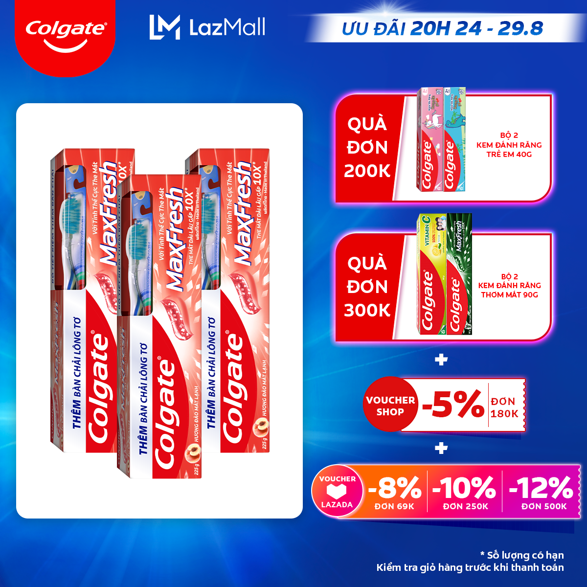 [Ưu đãi 20H 24.8 - 29.8_Áp voucher Colgate 5% + voucher LZD 8%]Tặng bàn chải đánh răng lông mềm] Bộ 3 Kem đánh răng Colgate MaxFresh 225g /tuýp tặng bàn chải đánh răng lông mềm