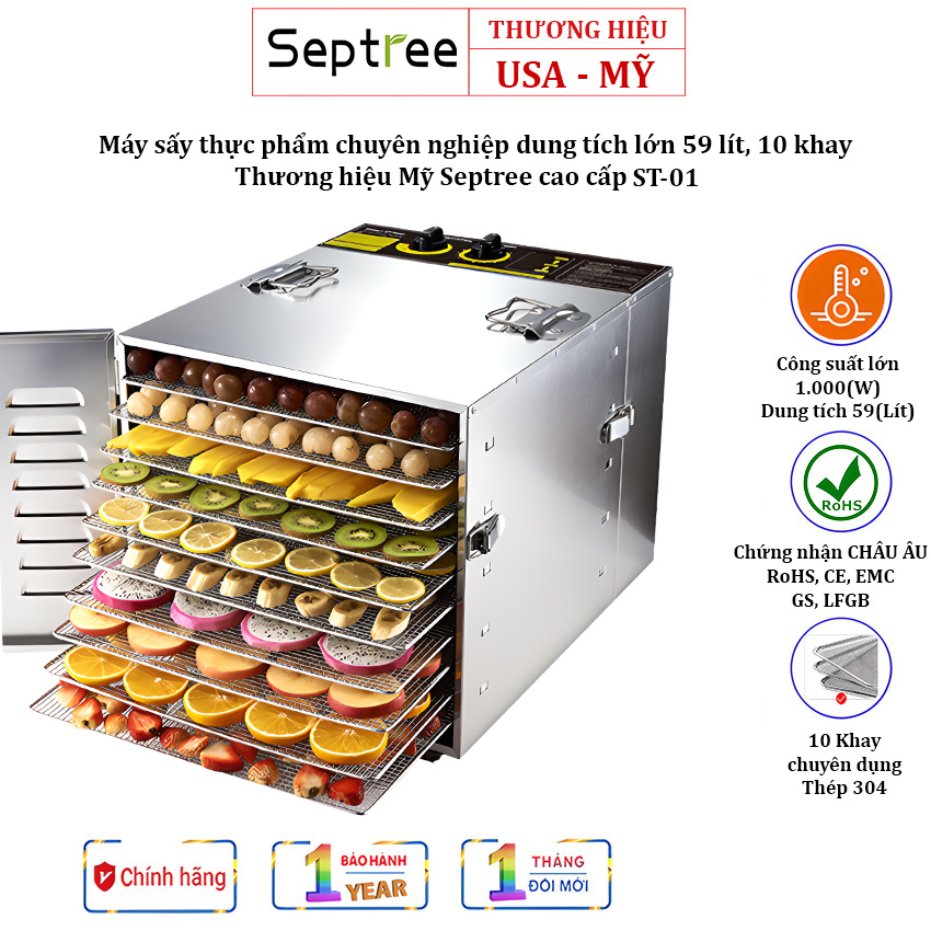 Máy sấy thực phẩm septree 10 khay st-01 dung tích lớn 59 lít, công suất 1000w thương hiệu mỹ cao cấp - bảo hành 1 năm