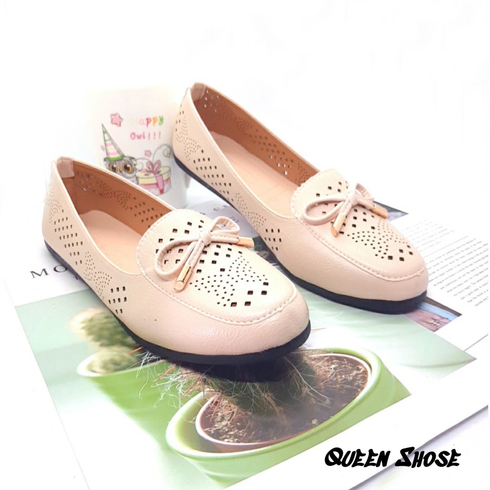 Giày búp bê, giày bệt nữ đính nơ da mềm - hàng VNXK