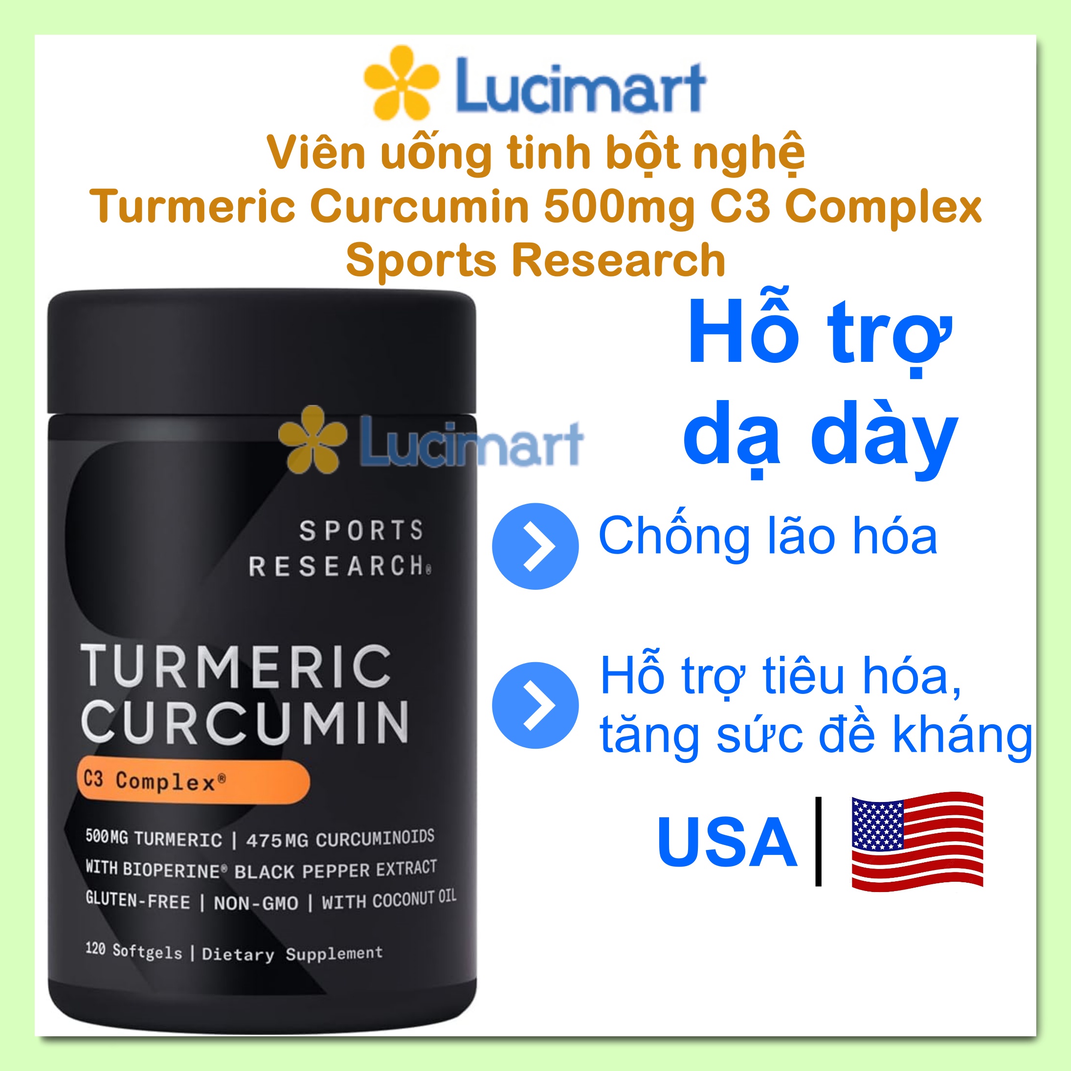 Viên uống tinh bột nghệ Turmeric Curcumin 500mg C3 Complex Sports Research hũ 60 viên / 120 viên [Hàng Mỹ]