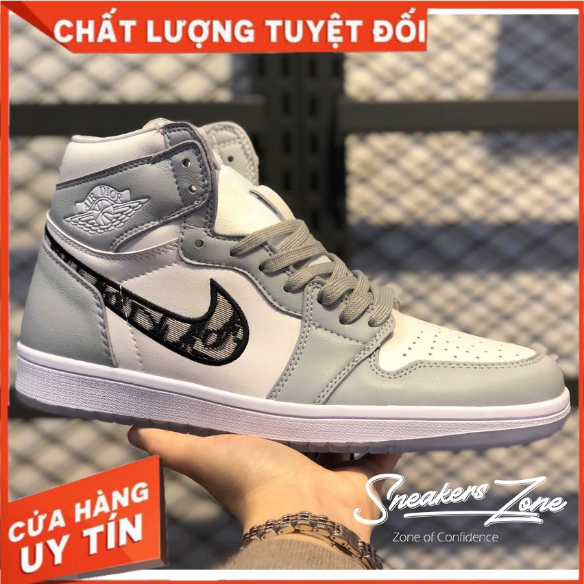 (FREESHIP+HỘP+QUÀ) Giày Thể Thao AIR JORDAN 1 Xám Trắng Cổ Cao Cực Phong Cách SNEAKERS WORLD