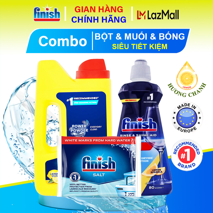 Combo siêu tiết kiệm gồm can Bột rửa bát Finish 1kg hương chanh, Muối Finish 1kg và nước làm bóng Finish 400ml hương chanh Lemon Sparkle chính hãng nhập khẩu Châu Âu - Laz Mall