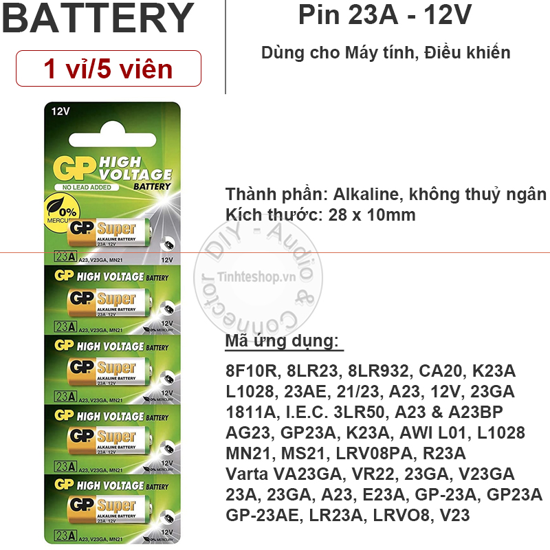 Pin 23a 12v a23 12v gp23a lr23 v23 mn21 ms21 gp 1 vỉ 5 viên - pin điều khiển 12v