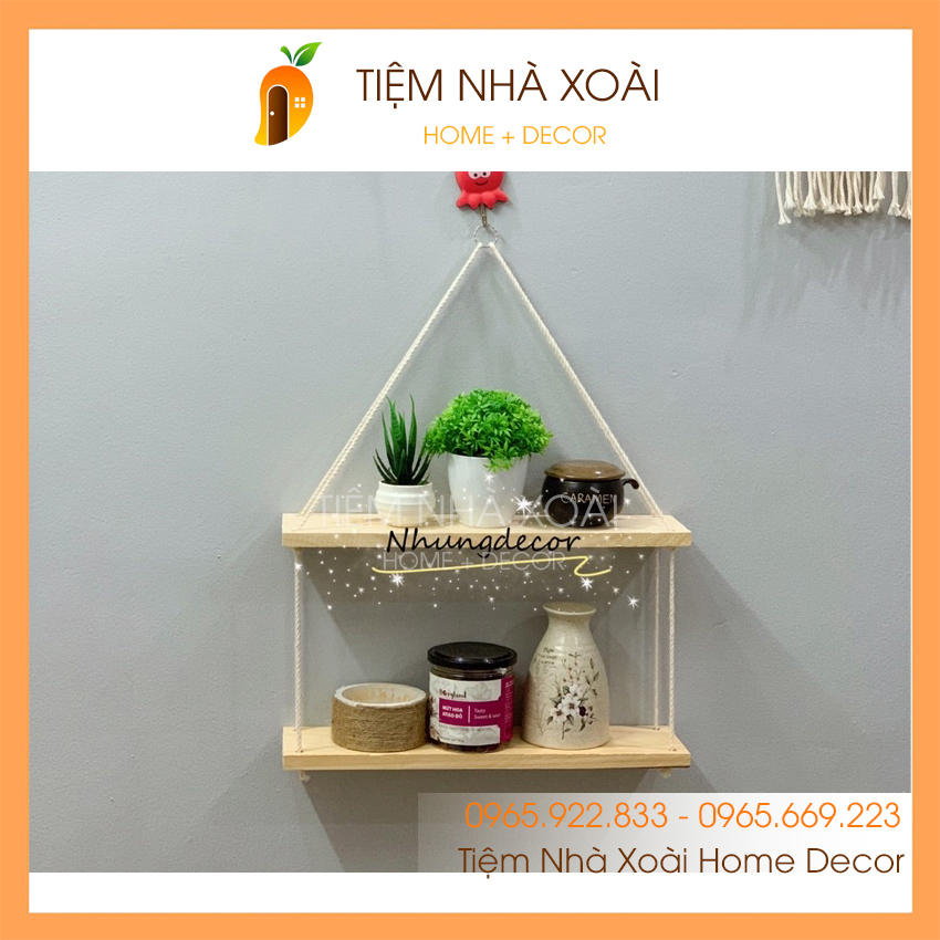 Kệ Gỗ 2 Tầng Treo Tường 40x10cm Dây thừng Vintage trang trí nhà cửa