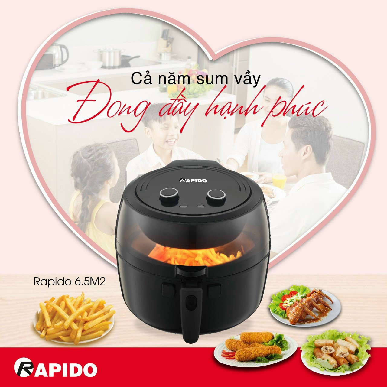 Nồi chiên không dầu Rapido 6.5L M2-1800W TẶNG thêm 1 vỉ nướng