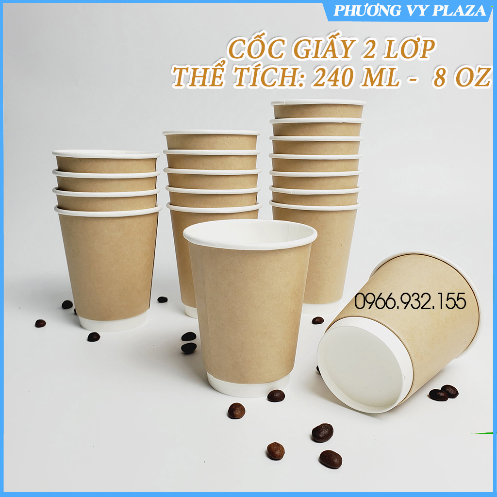 Set 50 Cốc giấy 2 lớp 240ml - 8OZ màu nâu cao cấp hàn quốc