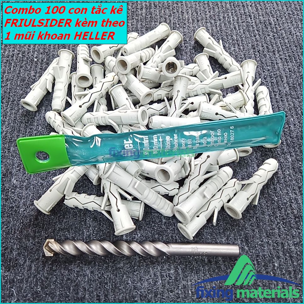 Combo 100 cái tắc kê nhựa cao cấp friulsider tu 10x50 + 1 mũi khoan heller 10ly