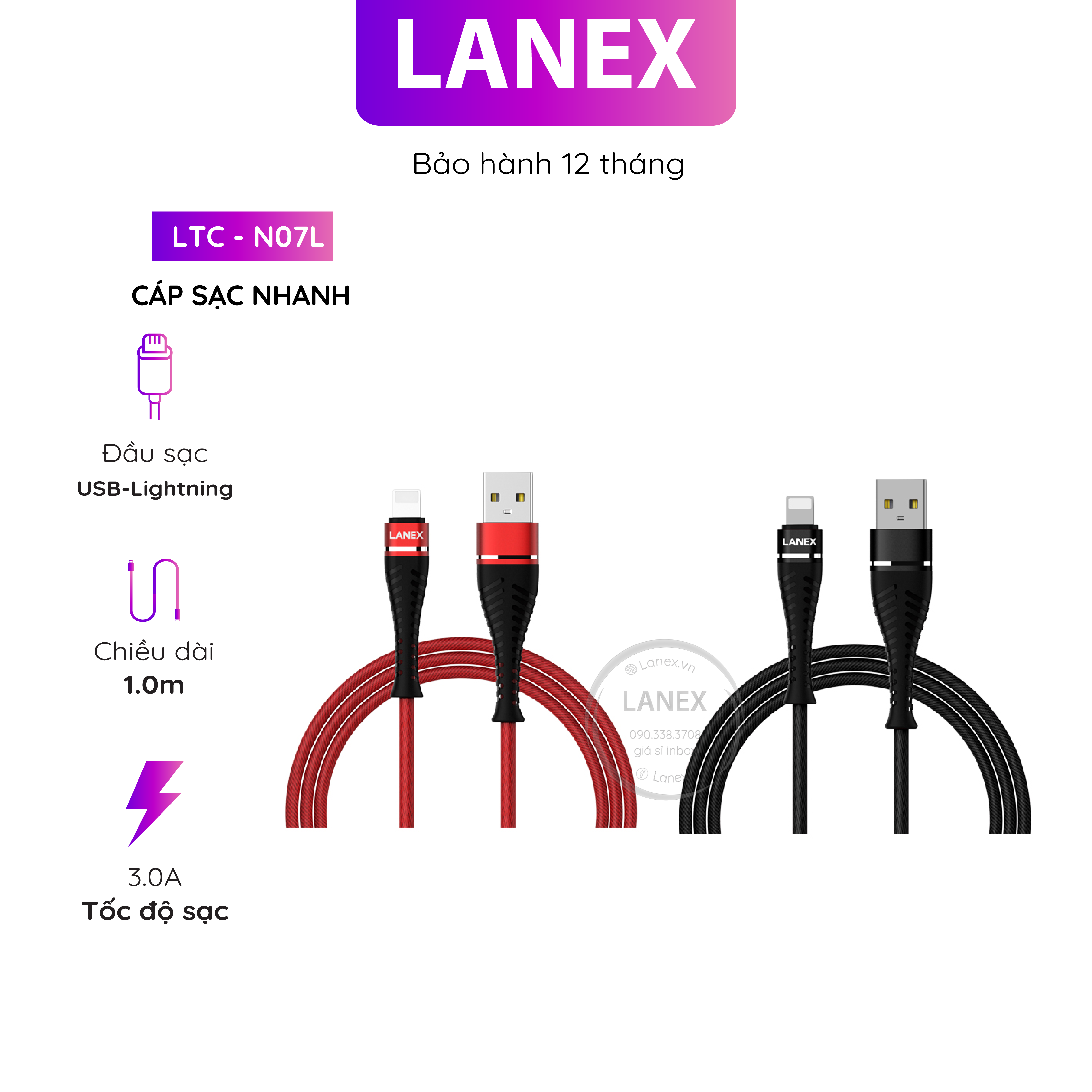 Cáp sạc nhanh lanex ltc - n07l dây dù lightning 3.0a dài 1.0m