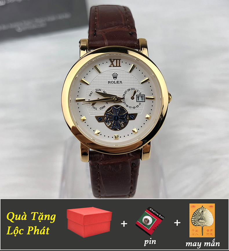 (Có Video) Đồng Hồ Kim Vàng Dây Da Thời Trang Nữ Giả Lộ Máy, Chống Nước, Kính Chống Trầy Xước Tặng Pin, Lá Bồ Đề May Mắn Phong Thuỷ