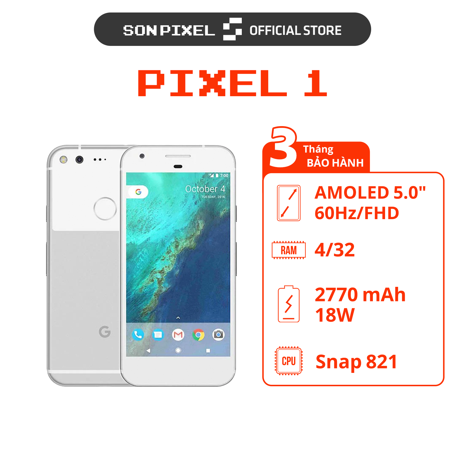 Điện Thoại GG Google Pixel 1 Lưu Trữ Không Giới Hạn Dung Lượng. Sonpixel