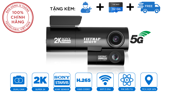 Camera Hành Trình Vietmap KC01(Tặng thẻ 64gb) Siêu Nhỏ Ghi Hình 2 Mắt Trước Sau - Có Wifi - Cảm Biến Sony
