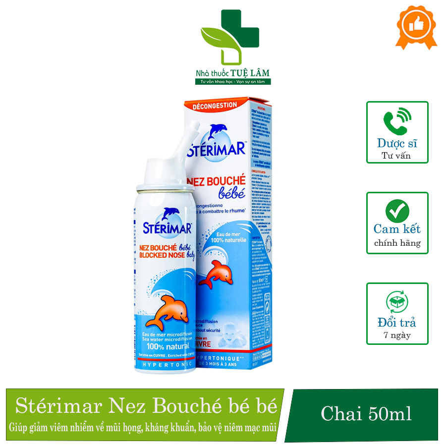 Xịt mũi Stérimar Nez Bouché chai 50ml hỗ trợ giảm ngạt mũi, kháng khuẩn, bảo vệ niên mạc mũi cho bé trên 3 tháng tuổi