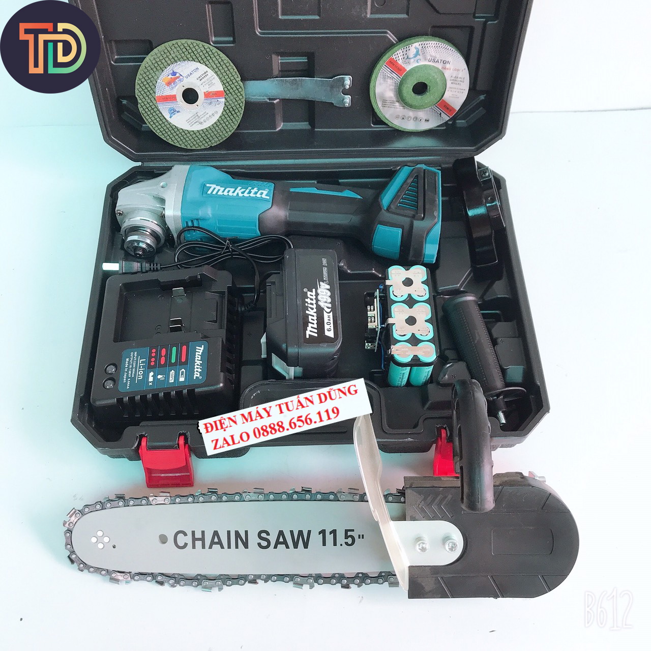 Máy cắt cầm tay dùng pin Makita 199V 6Ah 2 pin 20000mAh, 3 tốc độ, không chổi than, tặng lưỡi lam xích,  1 đá cắt, bảo hành 12 tháng