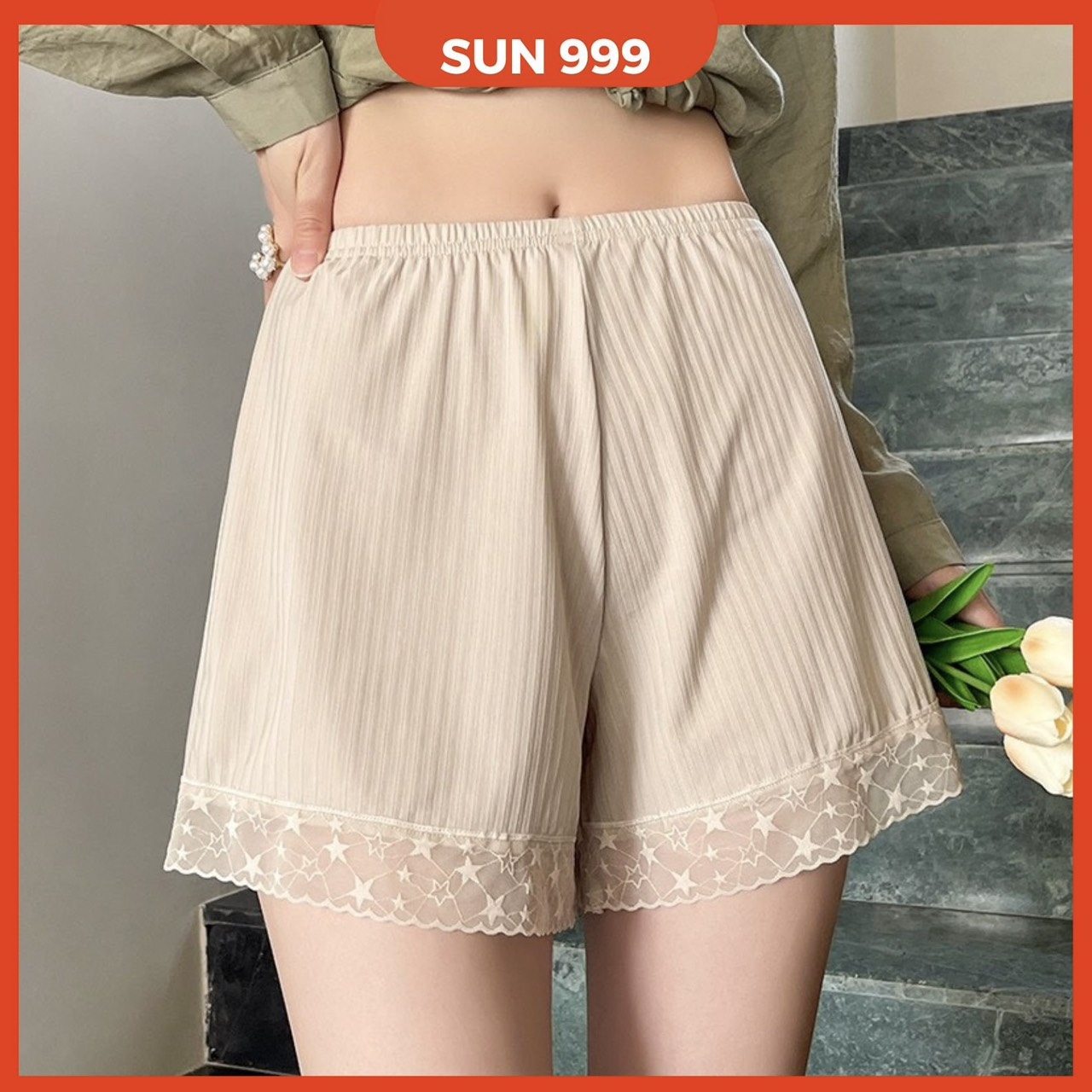 Quần ngắn thun cotton viền ren co dãn mặc nhà, Quần đùi nữ mặc trong phòng