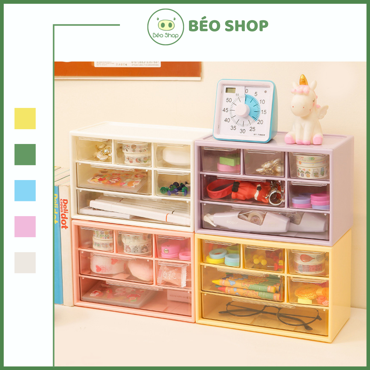 Hộp đựng đồ đa năng 6 ngăn kéo Pkbeoshop tủ đựng bút kệ mini để trang sức washi sticker decor bàn học