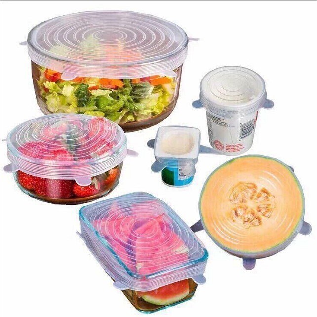 Bộ 6 miếng bọc thực phẩm bằng silicone an toàn, chịu nhiệt tốt, bảo quản thực phẩm, dùng được trong lò vi sóng