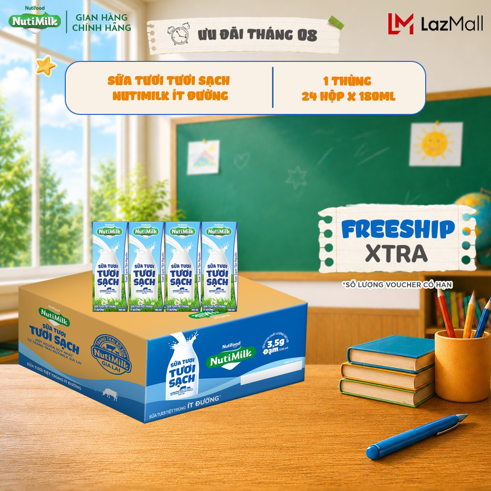 Thùng 24 Hộp Sữa Tươi Tươi Sạch NutiMilk Ít Đường Hộp 180ml