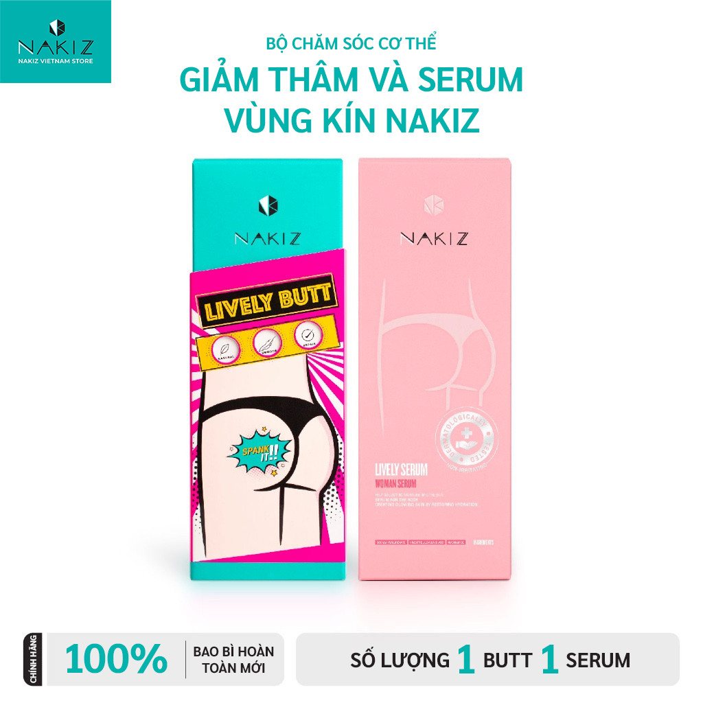 NAKIZ Lively Butt + Lively Serum x2 tác dụng, xóa đen mông, đen bẹn, tẩy tế bào chết, hồng da vùng kín