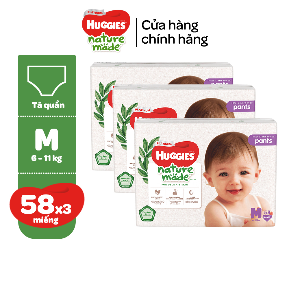 Combo 3 Tã/Bỉm quần Huggies NatureMade M58 (6-11kg)-Gói Super Jumbo 58 miếng