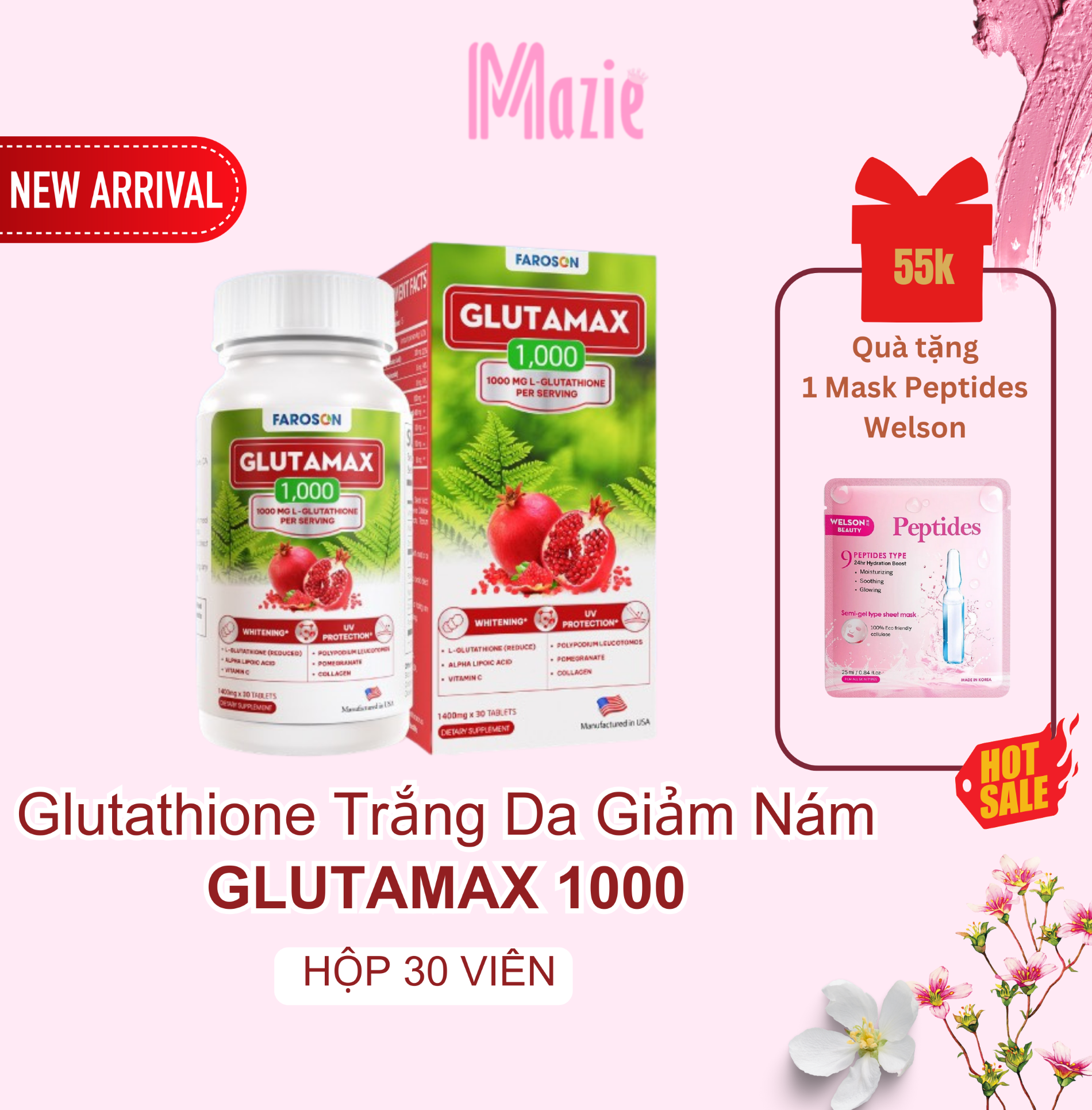 Viên Uống Giảm Nám Trắng Da Chống Nắng Faroson Glutamax 1000 Hộp 30 Viên