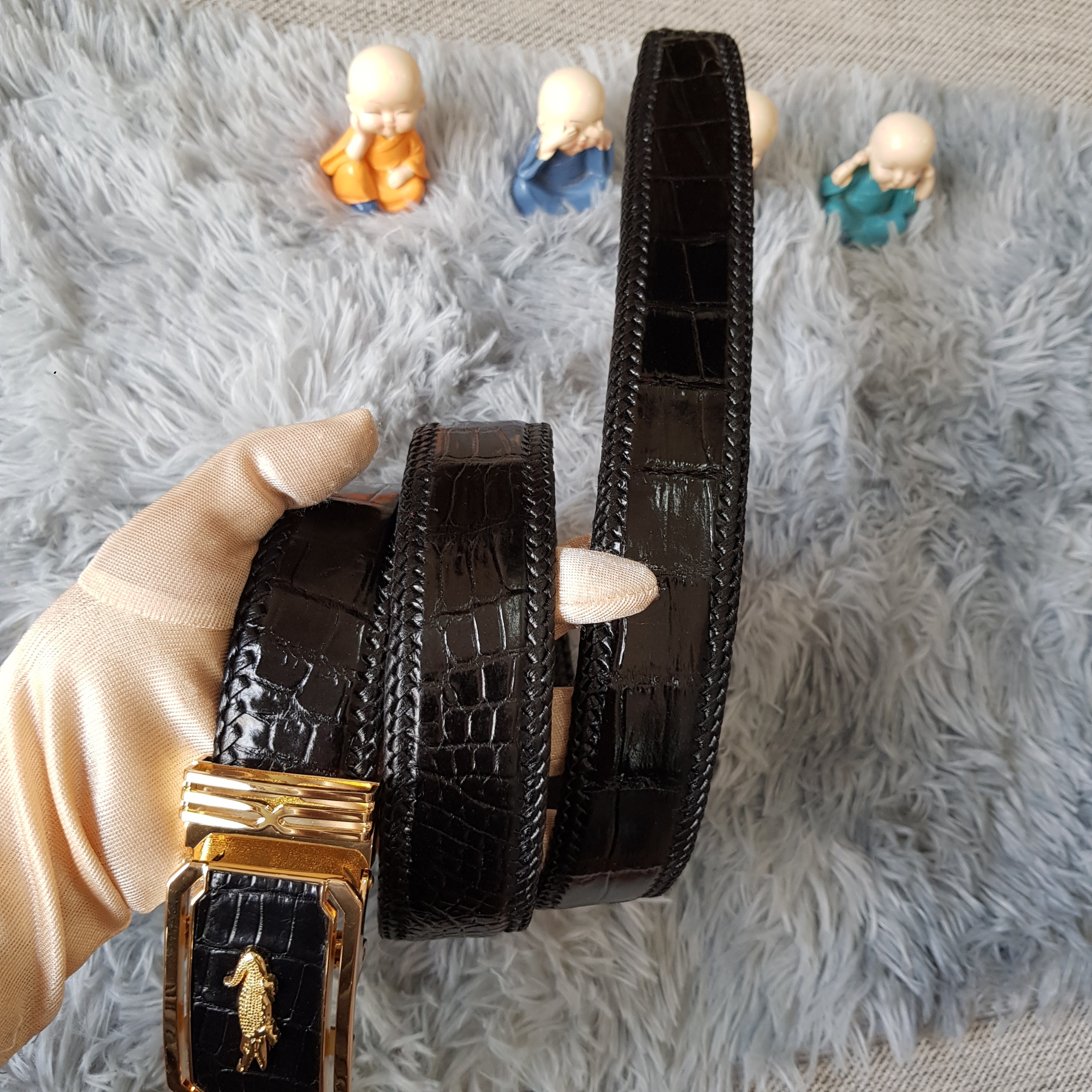 Dây lưng cá sấu đan viền thủ công 4.0 cm i dây lưng da cá sấu đan viền da bụng liền nguyên con, dây lưng da cá sấu , màu đen i bảo hành 24 tháng