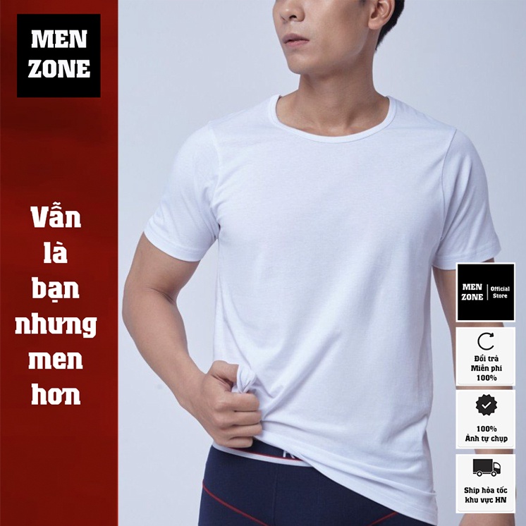 Áo thun lót nam trắng cổ tròn, áo phông nam dáng rộng cotton cộc tay dệt kim đông xuân