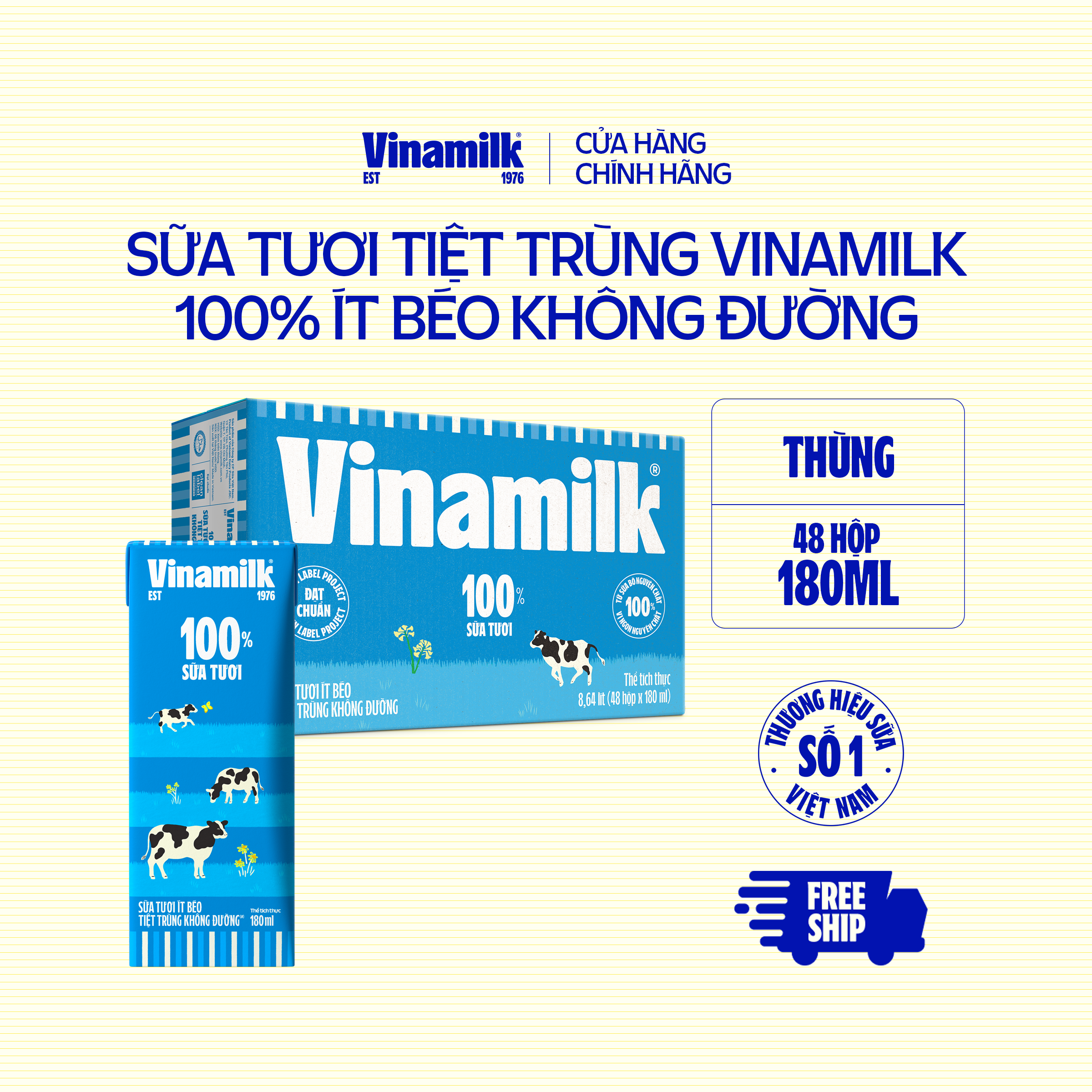 Thùng 48 Hộp Sữa tươi tiệt trùng Vinamilk 100% Ít béo không đường 180ml 