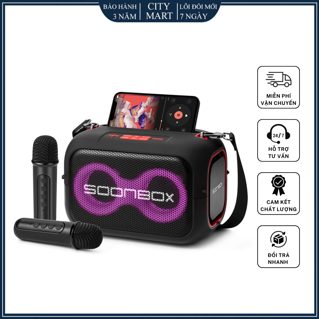 Loa bluetooth karaoke soonbox s3000, công suất 40w, bass chuẩn, pin 3600mah, mic hỗ trợ giọng, 75db-95db, led 360°