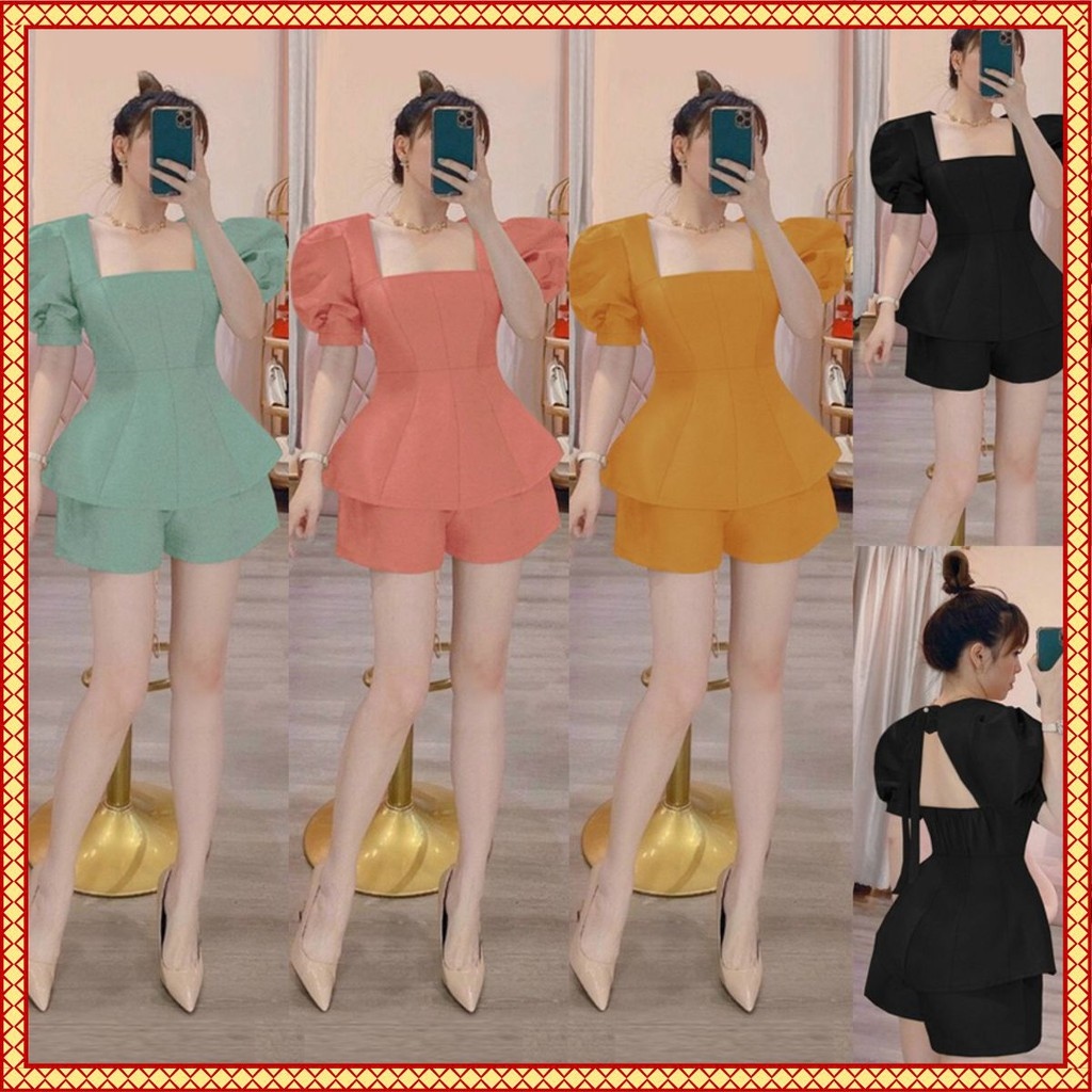 ﺴ◈  Set Nữ 🌸FREESHIP🌸 Set nguyên bộ quần short áo cổ vuông khoét lưng thắt nơ xinh xắn J1113