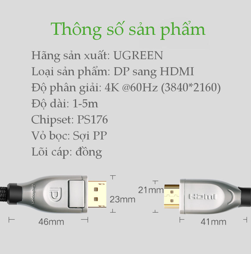 Cáp Chuyển Displayport 1.2 Sang HDMI 2.0 cao cấp, dài từ 1-5m UGREEN DP111 Cáp Chuyển Displayport 1.2 Sang HDMI 2.0 cao cấp, dài từ 1-5m UGREEN DP111
