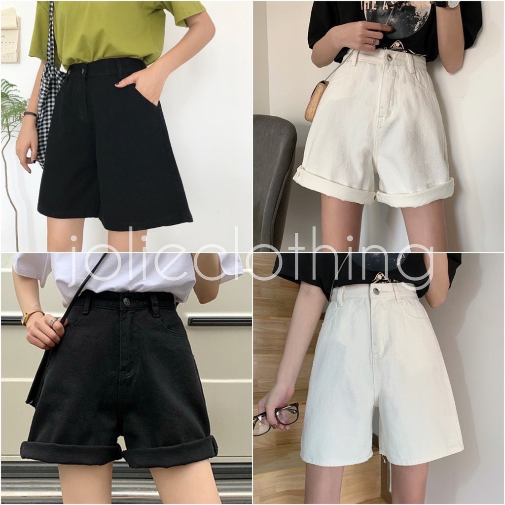 Quần Short Kaki Lửng Ulzzang Quần đùi denim ngố Ống rộng cạp cao trắng đen kem Dáng Hàn Quốc (có bigsize)