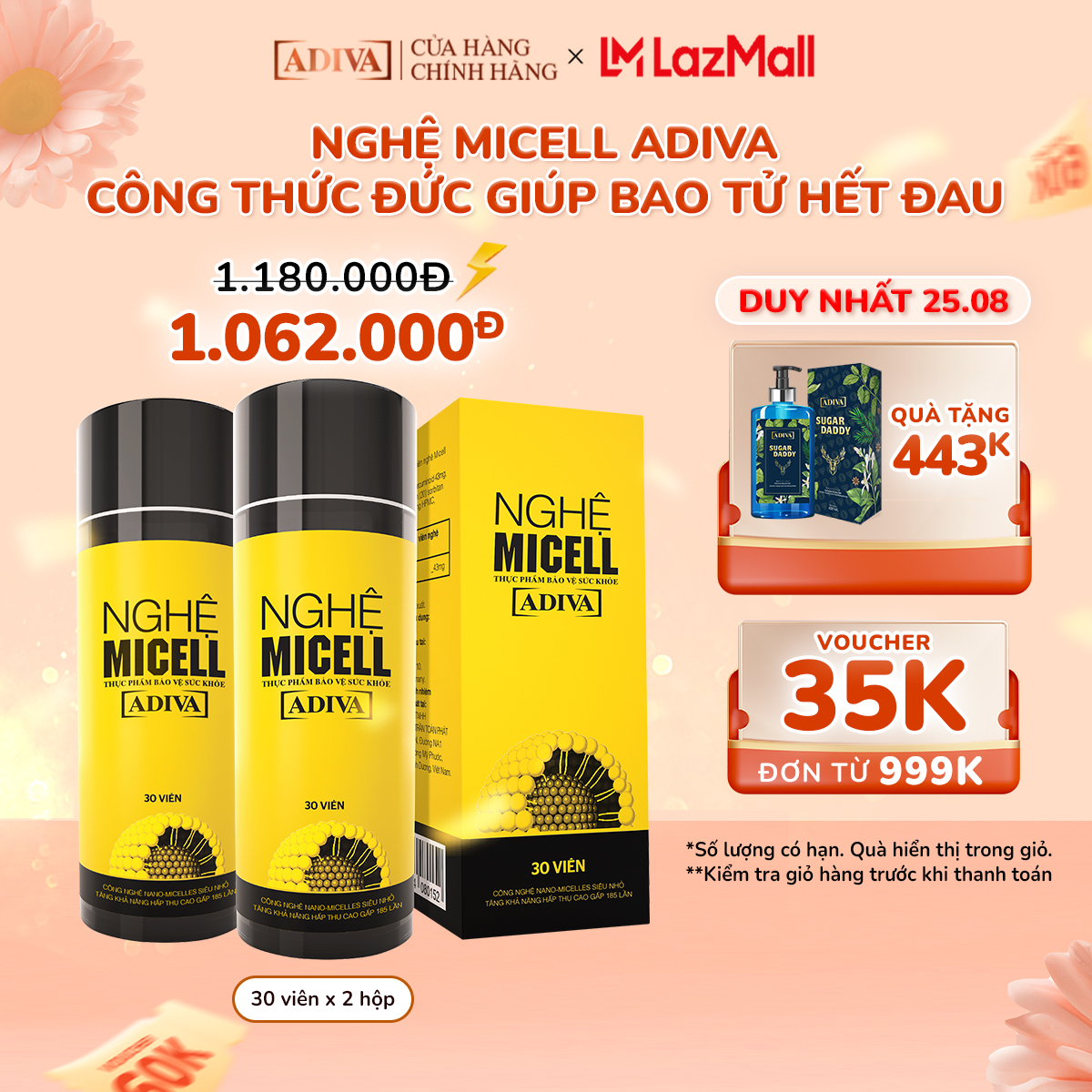 Combo 2 Hộp Nghệ Micell ADIVA 30 Viên - Hỗ Trợ Các Vấn Đề Về Đau Bao Tử, Dạ Dày