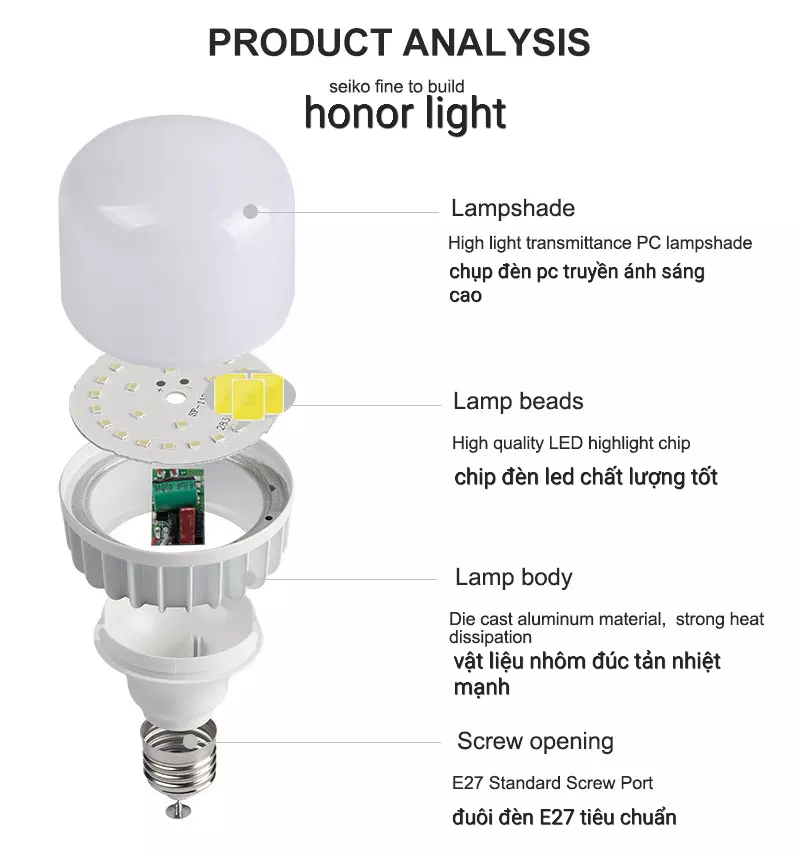 Bóng đèn led sáng trụ nhôm sáng trắng cao cắp bảo hành 2 năm
