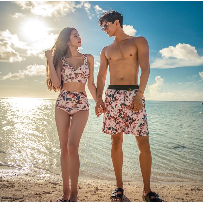 Set Bikini hai mảnh hoa hồng Hàn Quốc, quần bơi nam cao cấp, bộ bơi cặp đôi