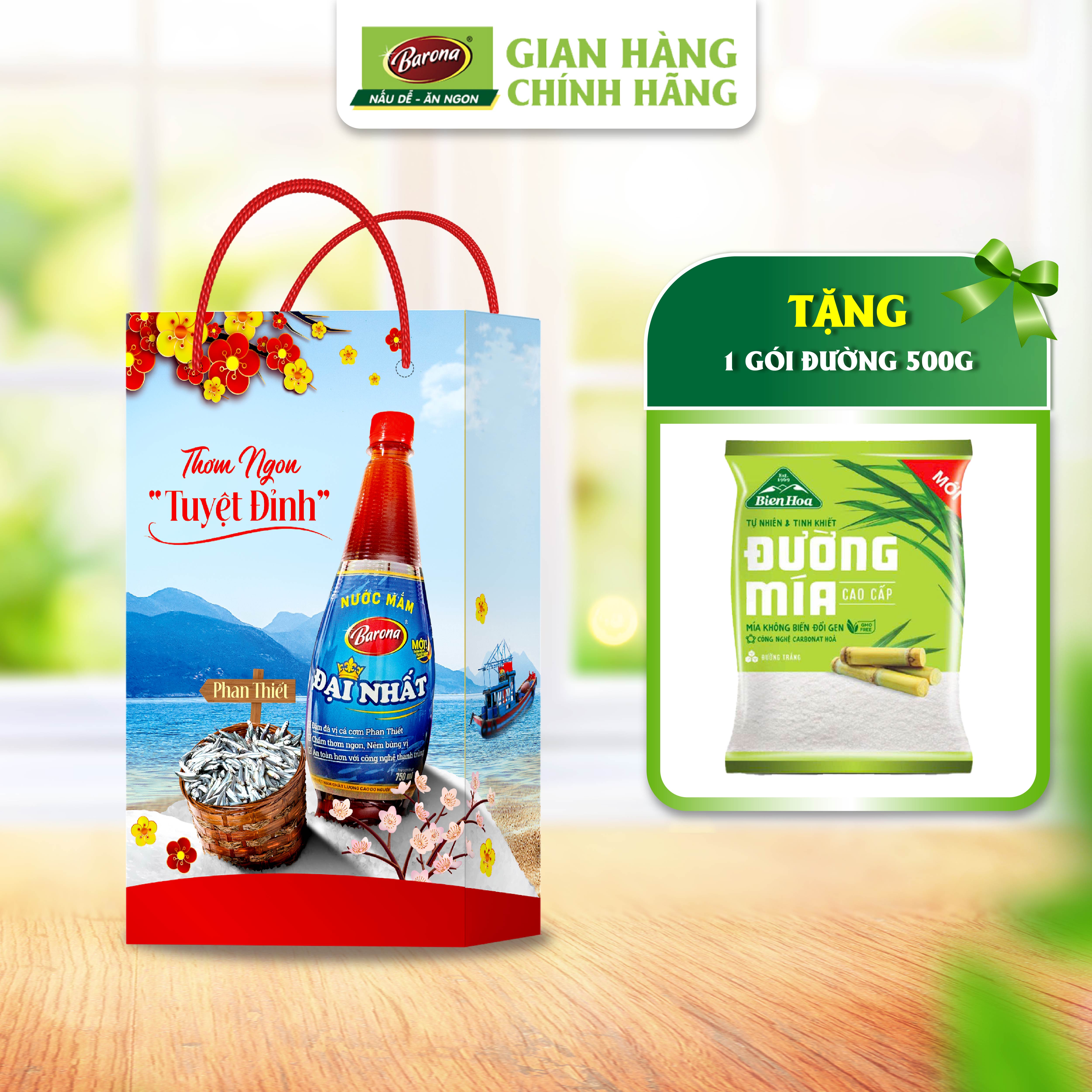 Hộp Xuân 2 chai Nước Mắm Barona Đại Nhất 12 độ đạm - 750ml [Tặng 1 gói Đường 500gr]